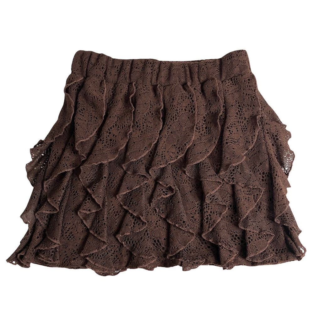Vintage Y2K Blue Asphalt Brown Crochet Lace Ruffle Mini Skirt Womens S Boho